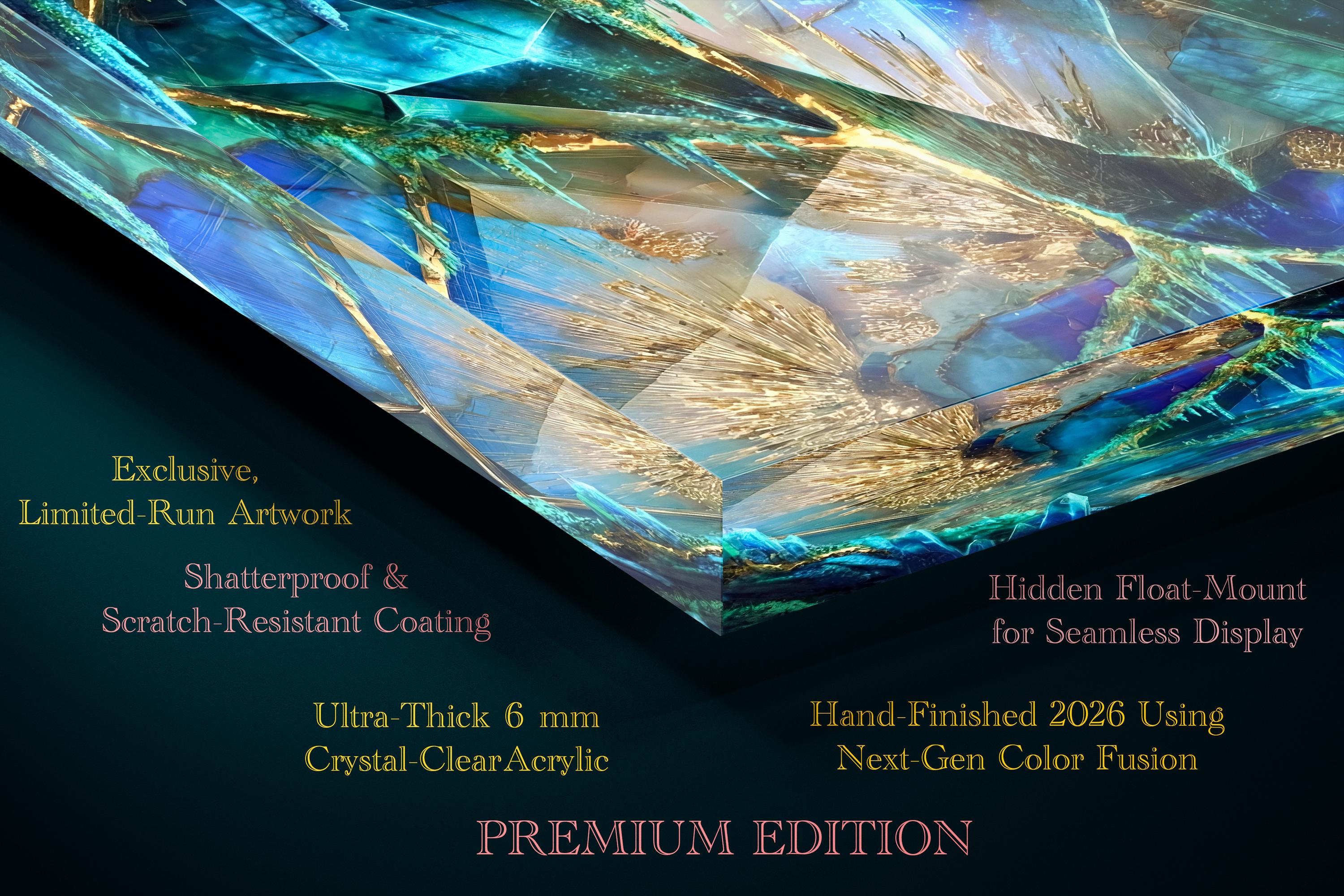 Arctic Gilt Crystal AcrylGlass Wall Art: Frozen Patina Blue & Gold Vein Decor