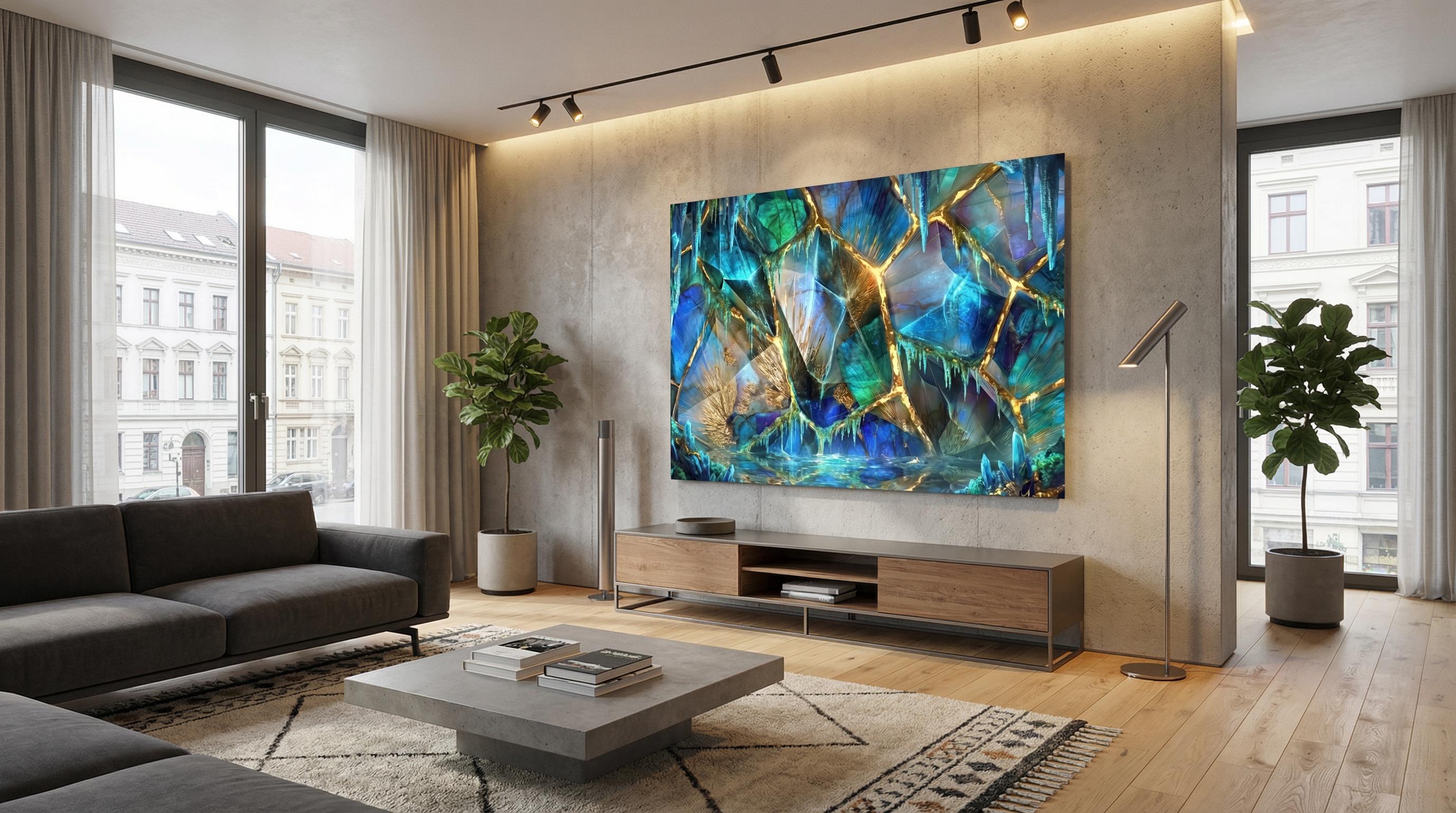 Arctic Gilt Crystal AcrylGlass Wall Art: Frozen Patina Blue & Gold Vein Decor