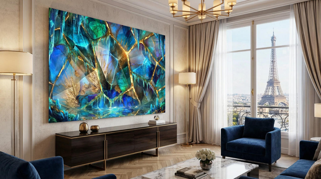 Arctic Gilt Crystal AcrylGlass Wall Art: Frozen Patina Blue & Gold Vein Decor