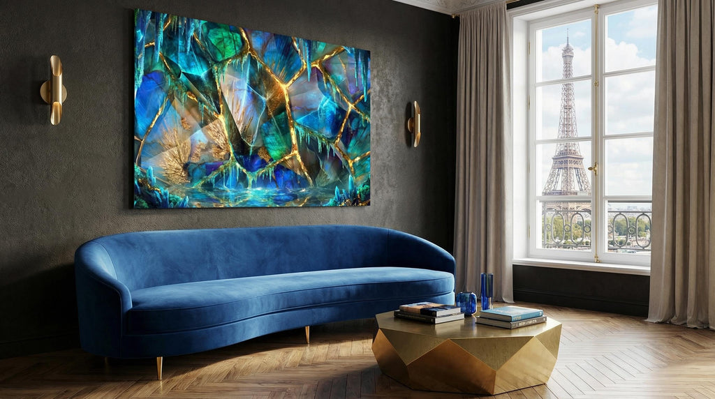Arctic Gilt Crystal AcrylGlass Wall Art: Frozen Patina Blue & Gold Vein Decor