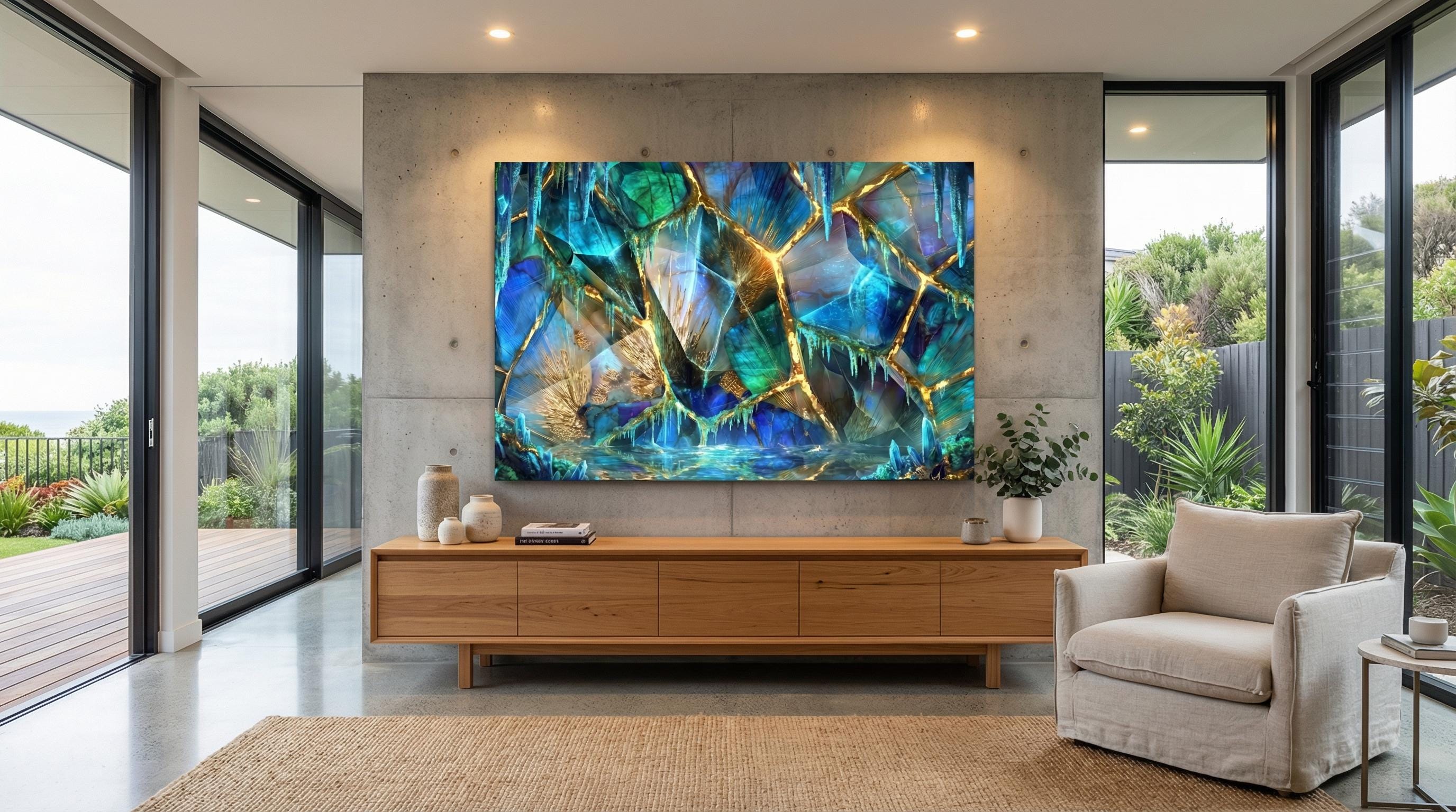 Arctic Gilt Crystal AcrylGlass Wall Art: Frozen Patina Blue & Gold Vein Decor