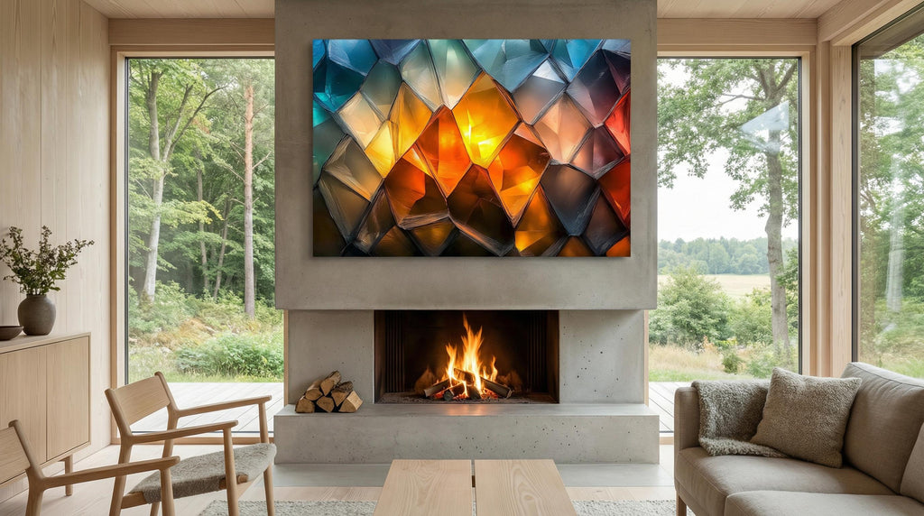 Luxury Abstract Acrylic Glass Wall Art: Golden Ember & Blue Decor