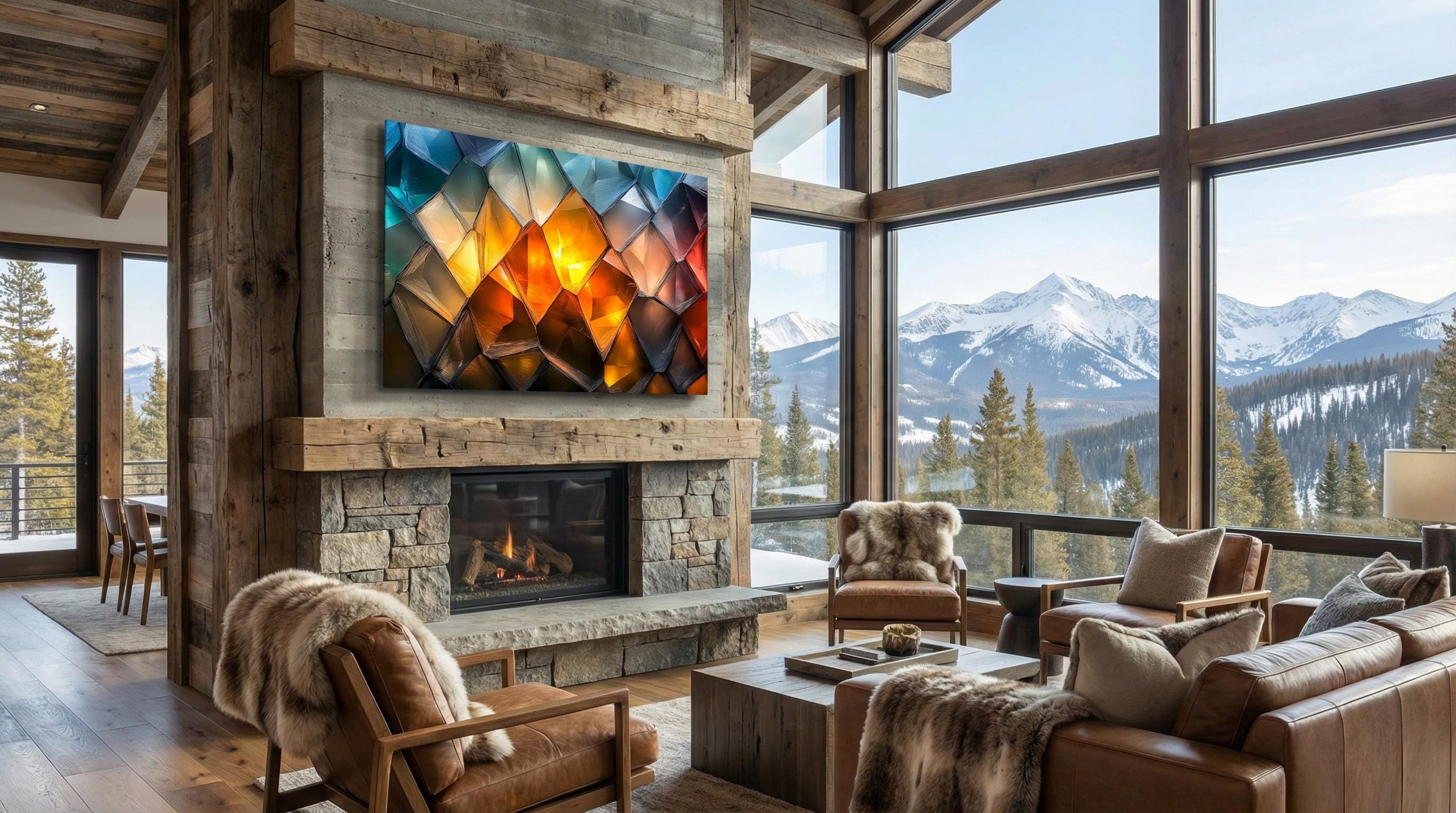 Luxury Abstract Acrylic Glass Wall Art: Golden Ember & Blue Decor