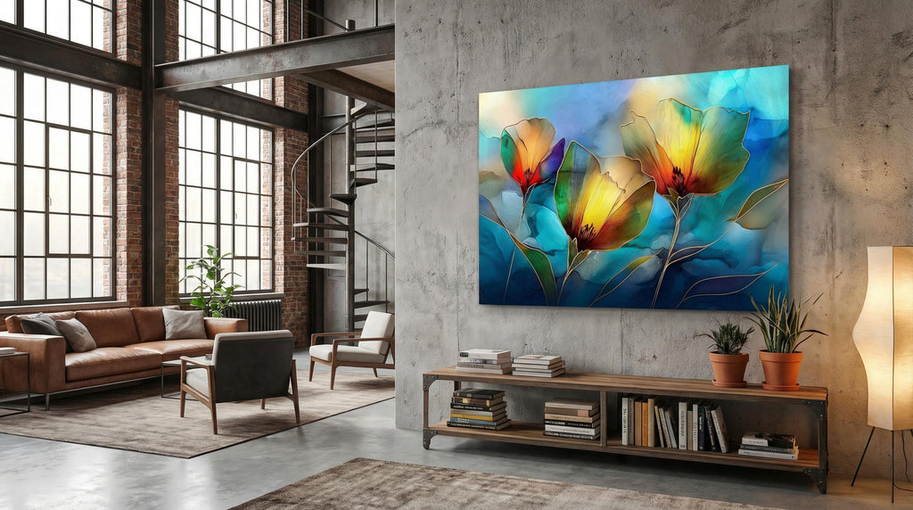 Golden Poppy Crystal AcrylicGlass Wall Art: Luxury Floral Decor
