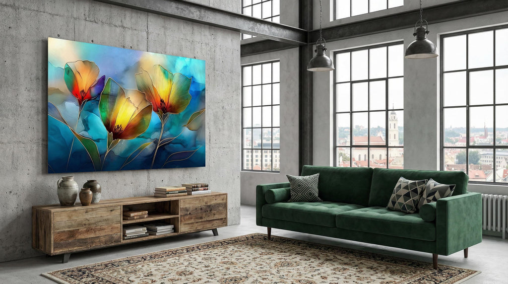 Golden Poppy Crystal AcrylicGlass Wall Art: Luxury Floral Decor