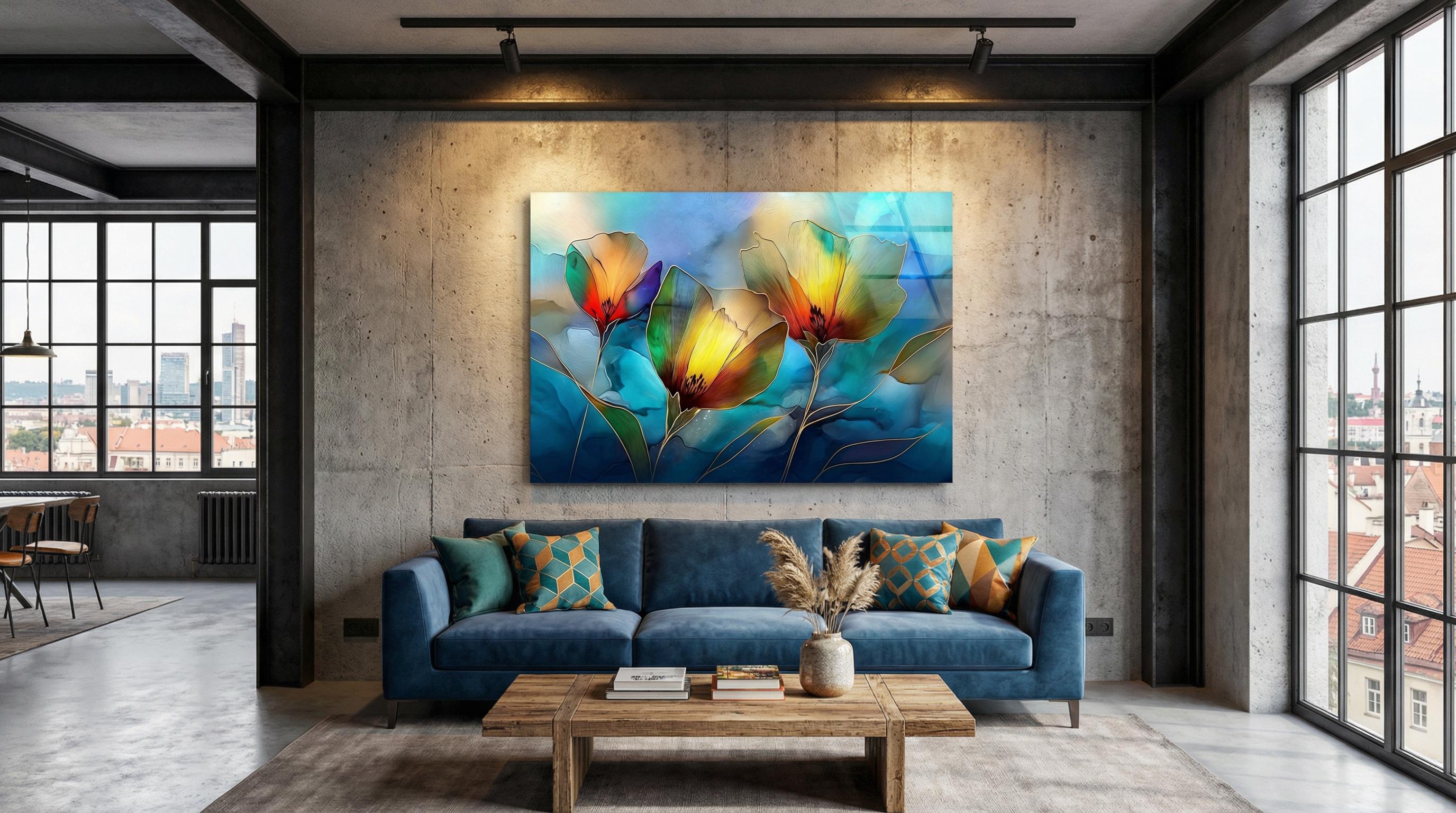 Golden Poppy Crystal AcrylicGlass Wall Art: Luxury Floral Decor