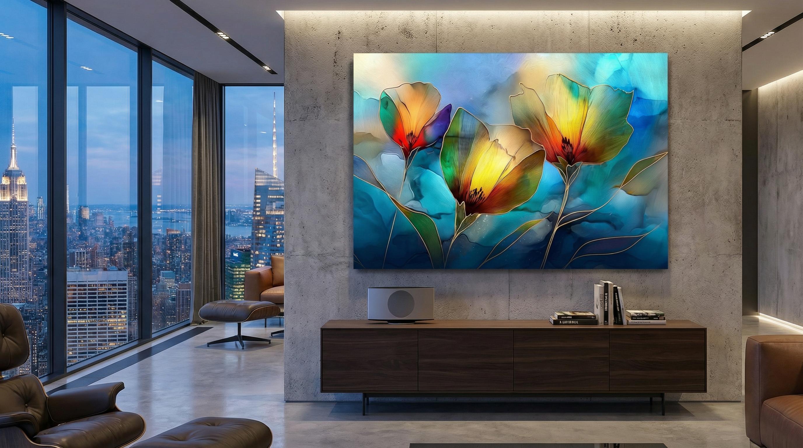 Golden Poppy Crystal AcrylicGlass Wall Art: Luxury Floral Decor