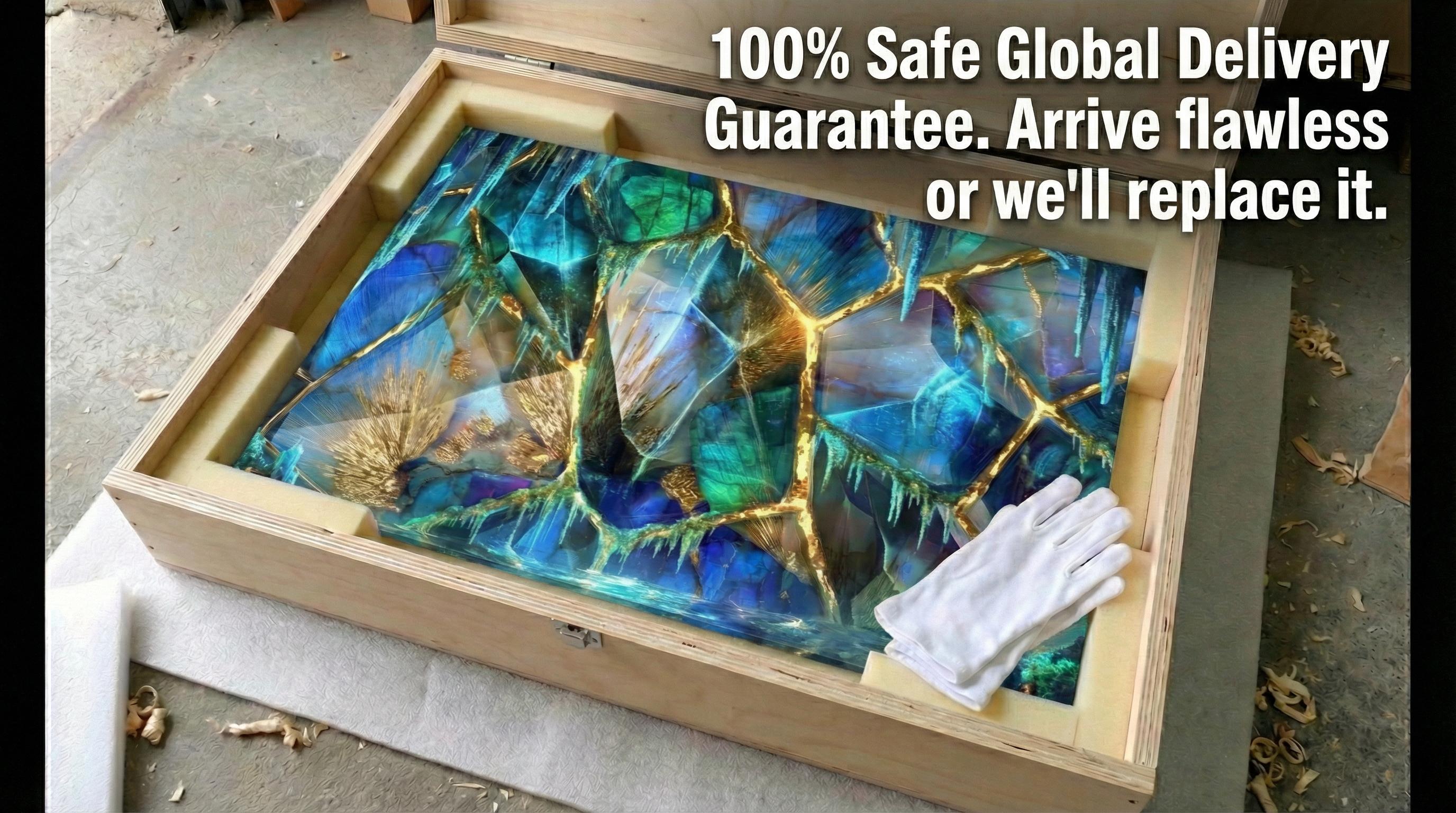 Arctic Gilt Crystal AcrylGlass Wall Art: Frozen Patina Blue & Gold Vein Decor