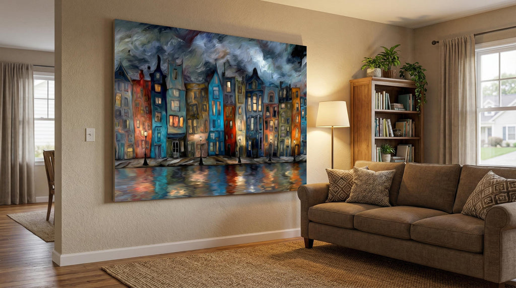 Crystal AcrylGlass Canal Cityscape: Moody Blue Impasto Oil Paint Effect Wall Art