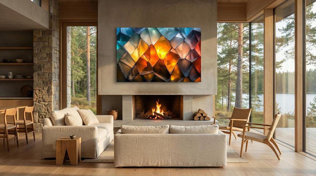 Luxury Abstract Acrylic Glass Wall Art: Golden Ember & Blue Decor