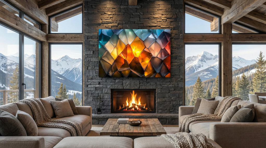 Luxury Abstract Acrylic Glass Wall Art: Golden Ember & Blue Decor