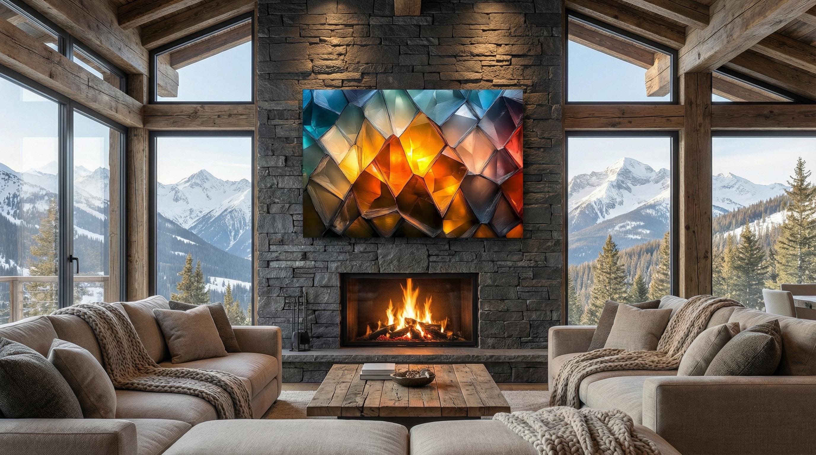 Luxury Abstract Acrylic Glass Wall Art: Golden Ember & Blue Decor