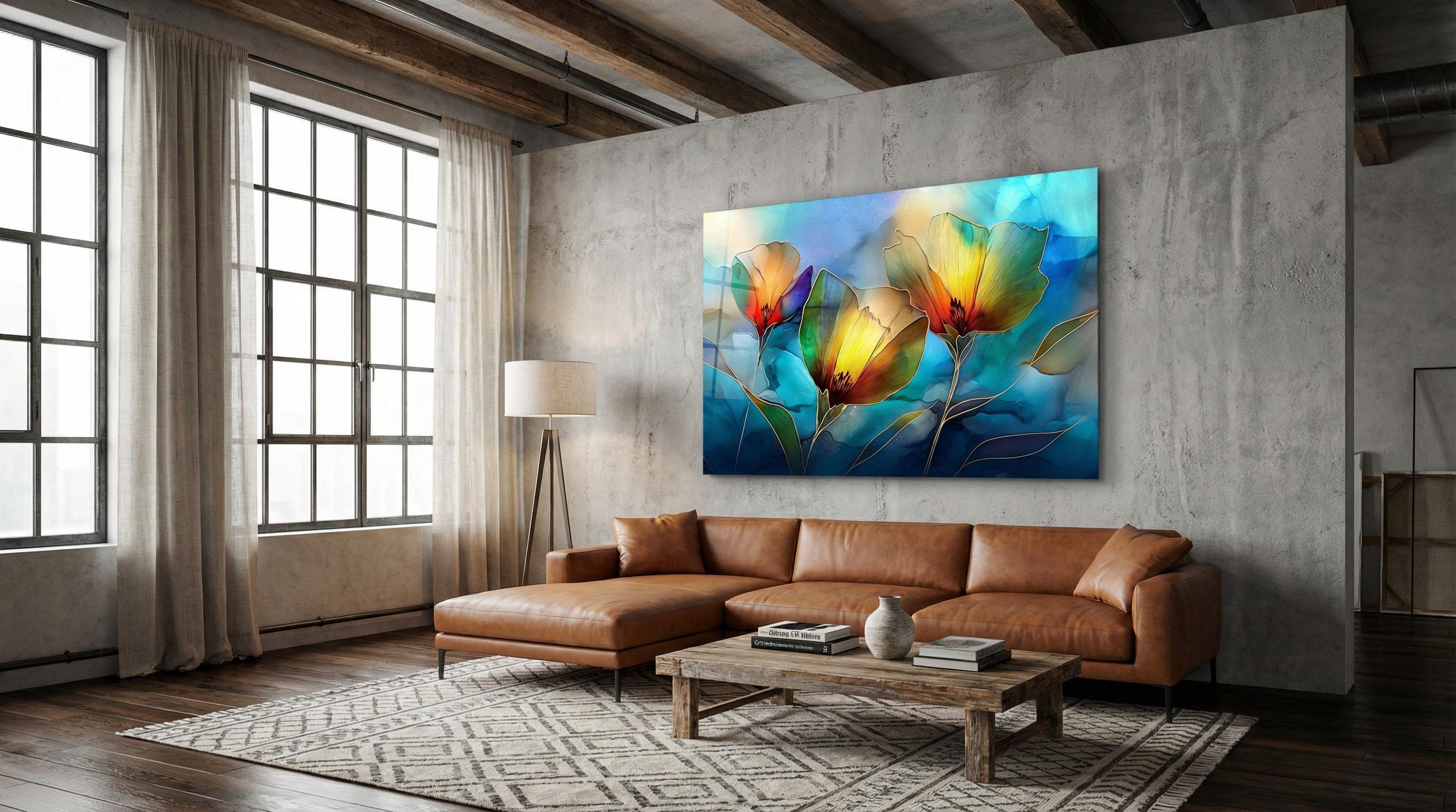 Golden Poppy Crystal AcrylicGlass Wall Art: Luxury Floral Decor