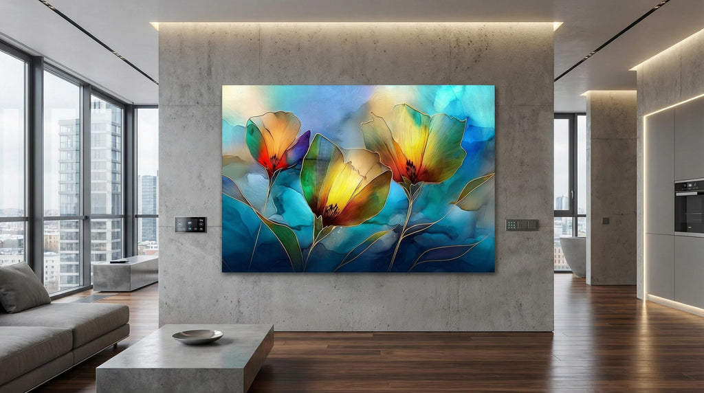 Golden Poppy Crystal AcrylicGlass Wall Art: Luxury Floral Decor