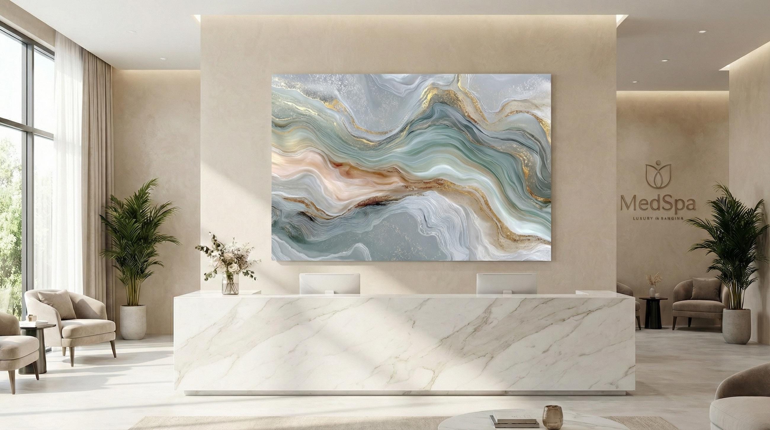 Sage Aqua Crystal AcrylGlass Wall Art, Dental Boutique and Wellness Clinic Decor
