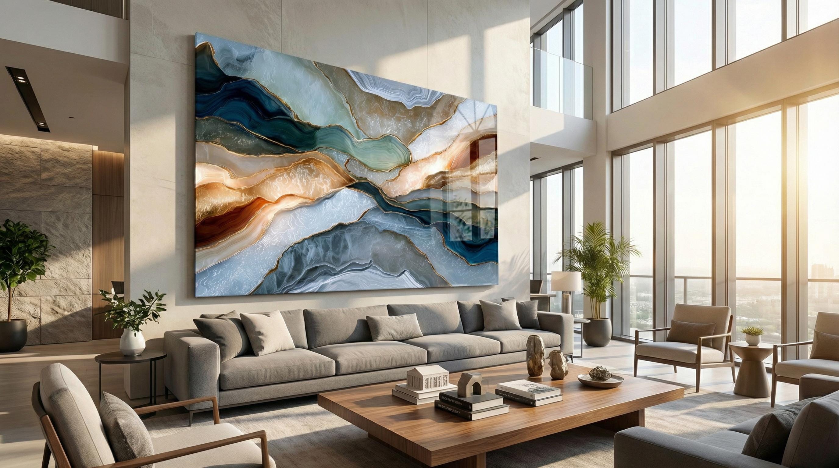 Navy Gold Agate Crystal AcrylGlass Wall Art, Executive Office and Boardroom Decor
