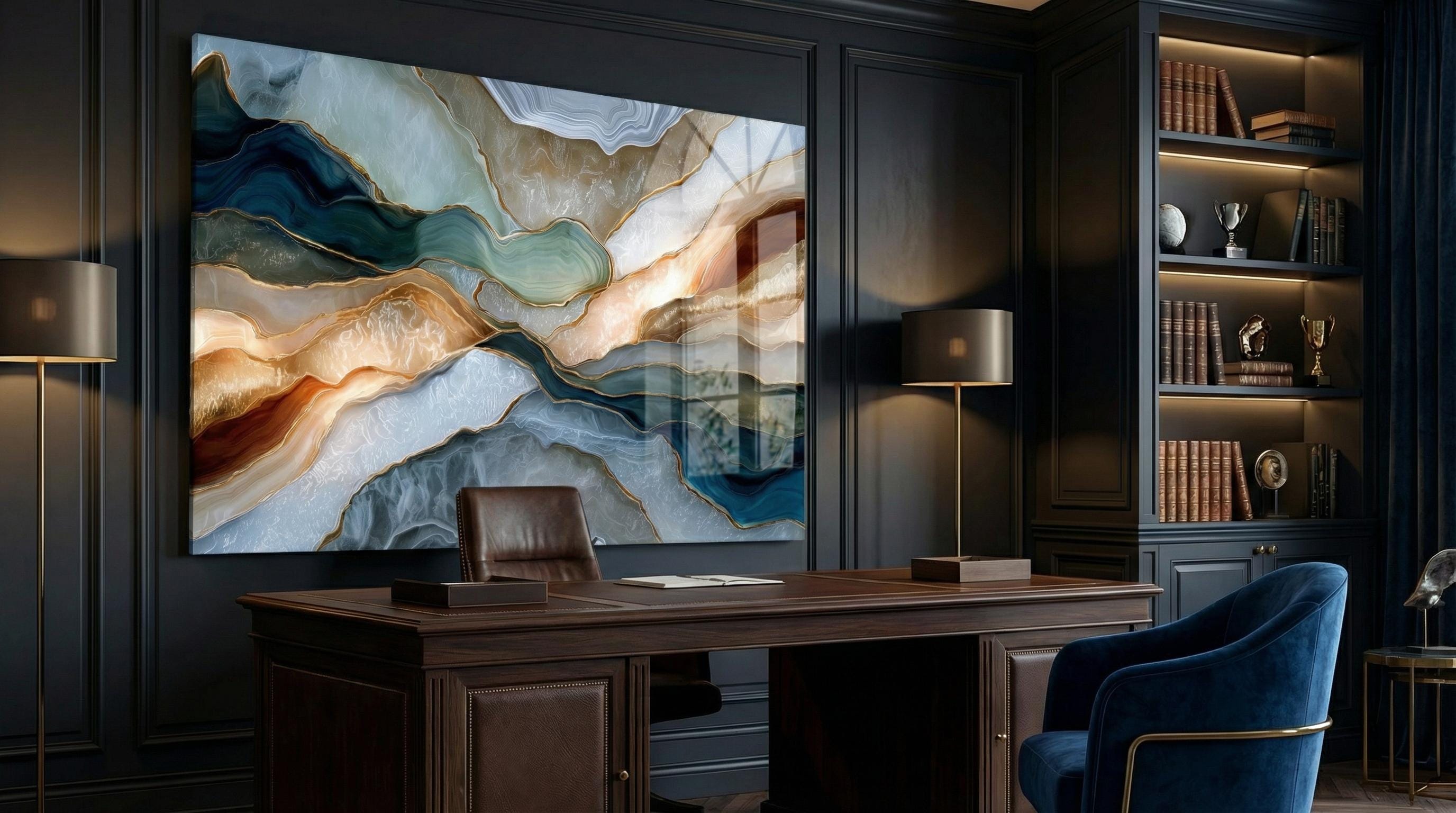 Navy Gold Agate Crystal AcrylGlass Wall Art, Executive Office and Boardroom Decor