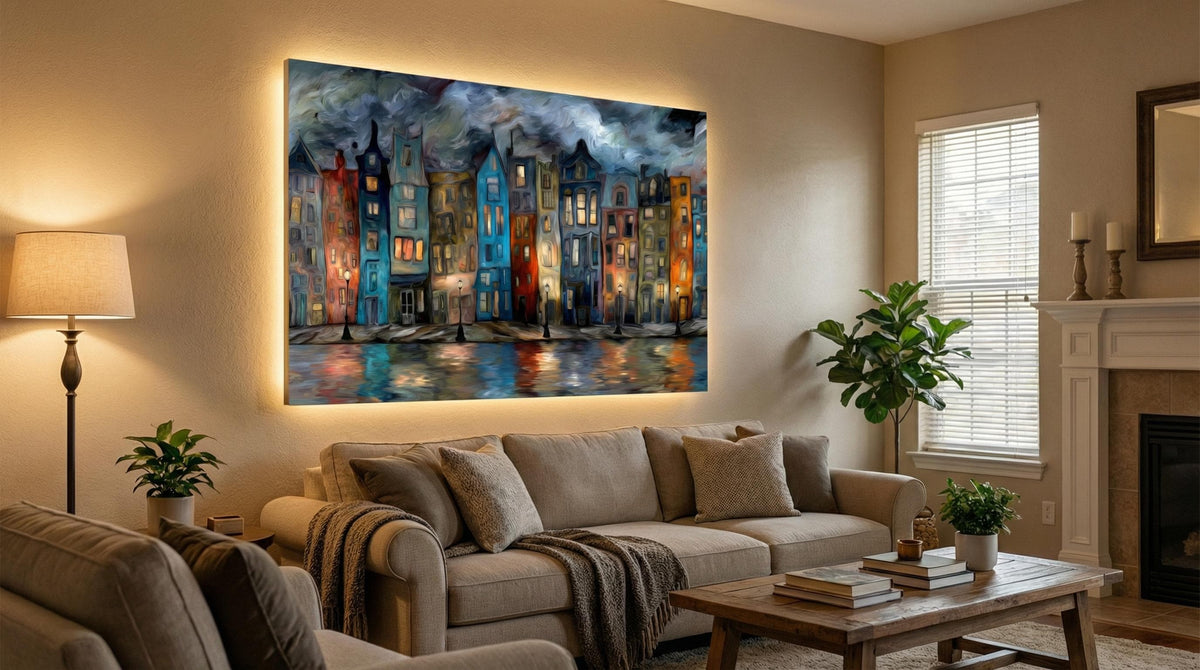 Crystal AcrylGlass Canal Cityscape: Moody Blue Impasto Oil Paint Effect Wall Art