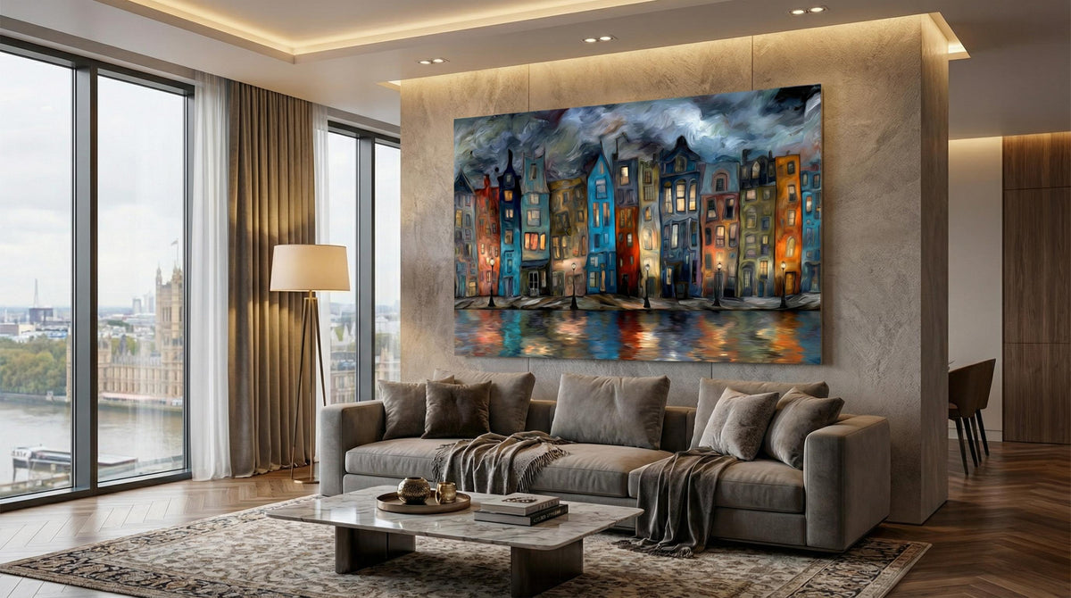 Crystal AcrylGlass Canal Cityscape: Moody Blue Impasto Oil Paint Effect Wall Art