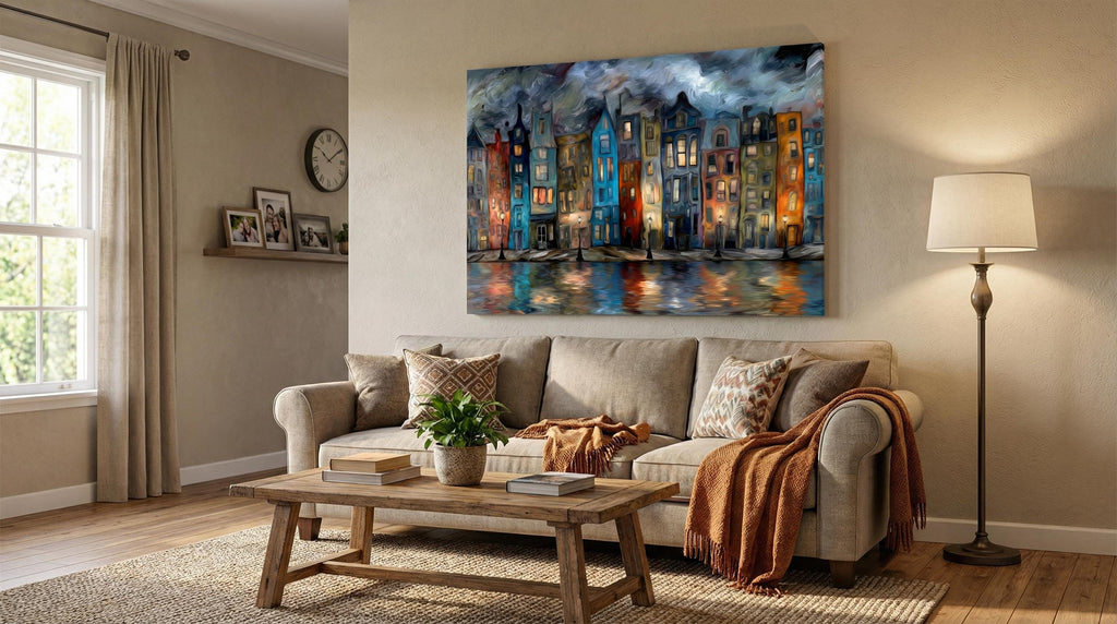 Crystal AcrylGlass Canal Cityscape: Moody Blue Impasto Oil Paint Effect Wall Art