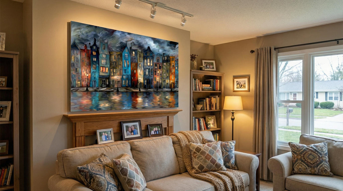Crystal AcrylGlass Canal Cityscape: Moody Blue Impasto Oil Paint Effect Wall Art