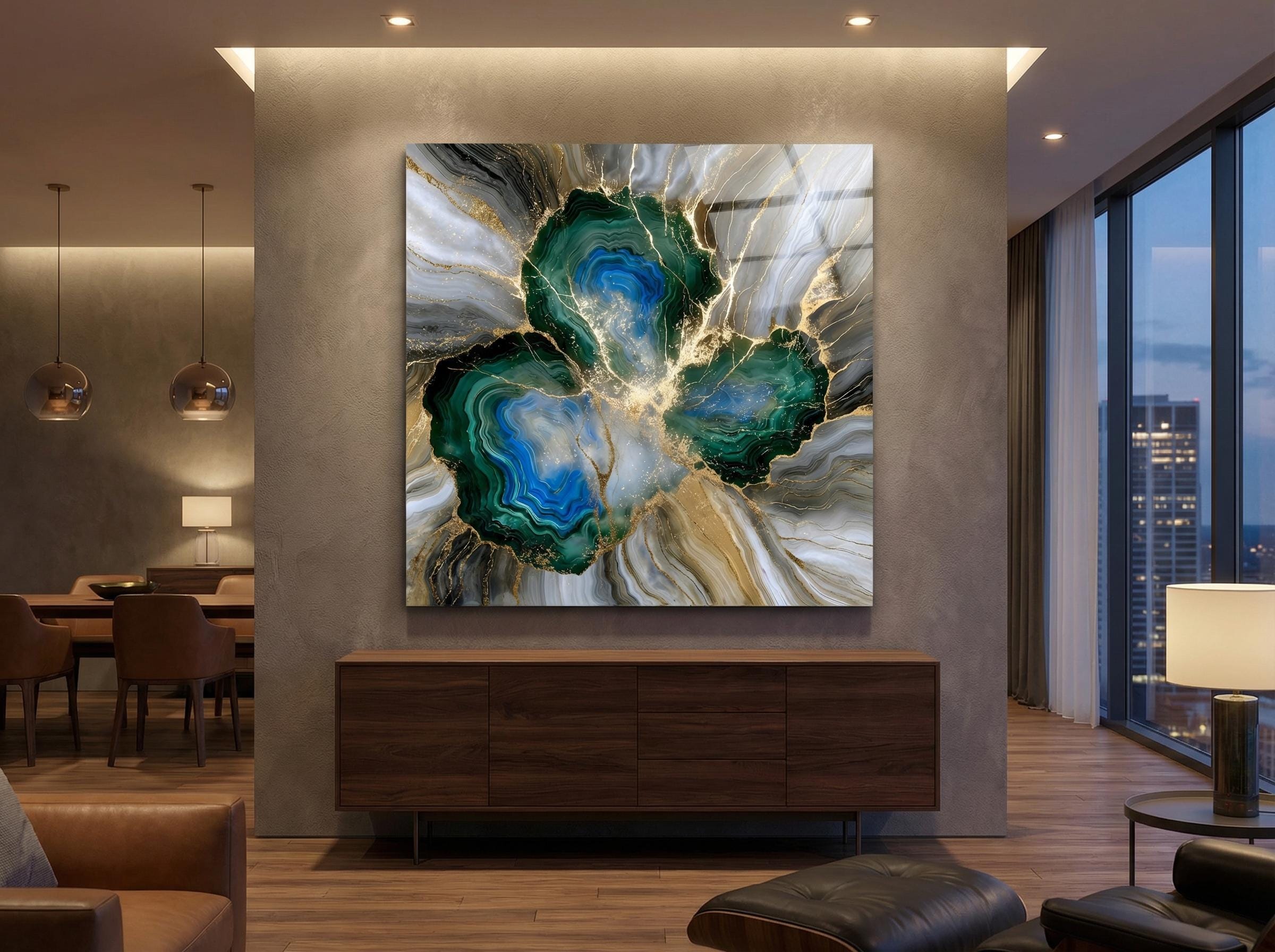 Gilded Azure Vein Crystal AcrylGlass Wall Art: Blue Amber Agate Kintsugi Effect Decor