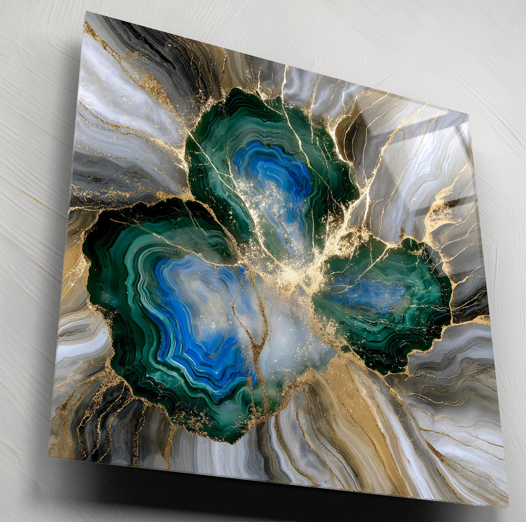 Gilded Azure Vein Crystal AcrylGlass Wall Art: Blue Amber Agate Kintsugi Effect Decor