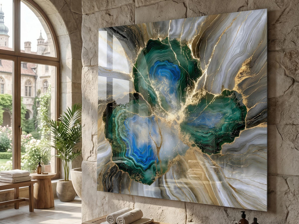 Gilded Azure Vein Crystal AcrylGlass Wall Art: Blue Amber Agate Kintsugi Effect Decor