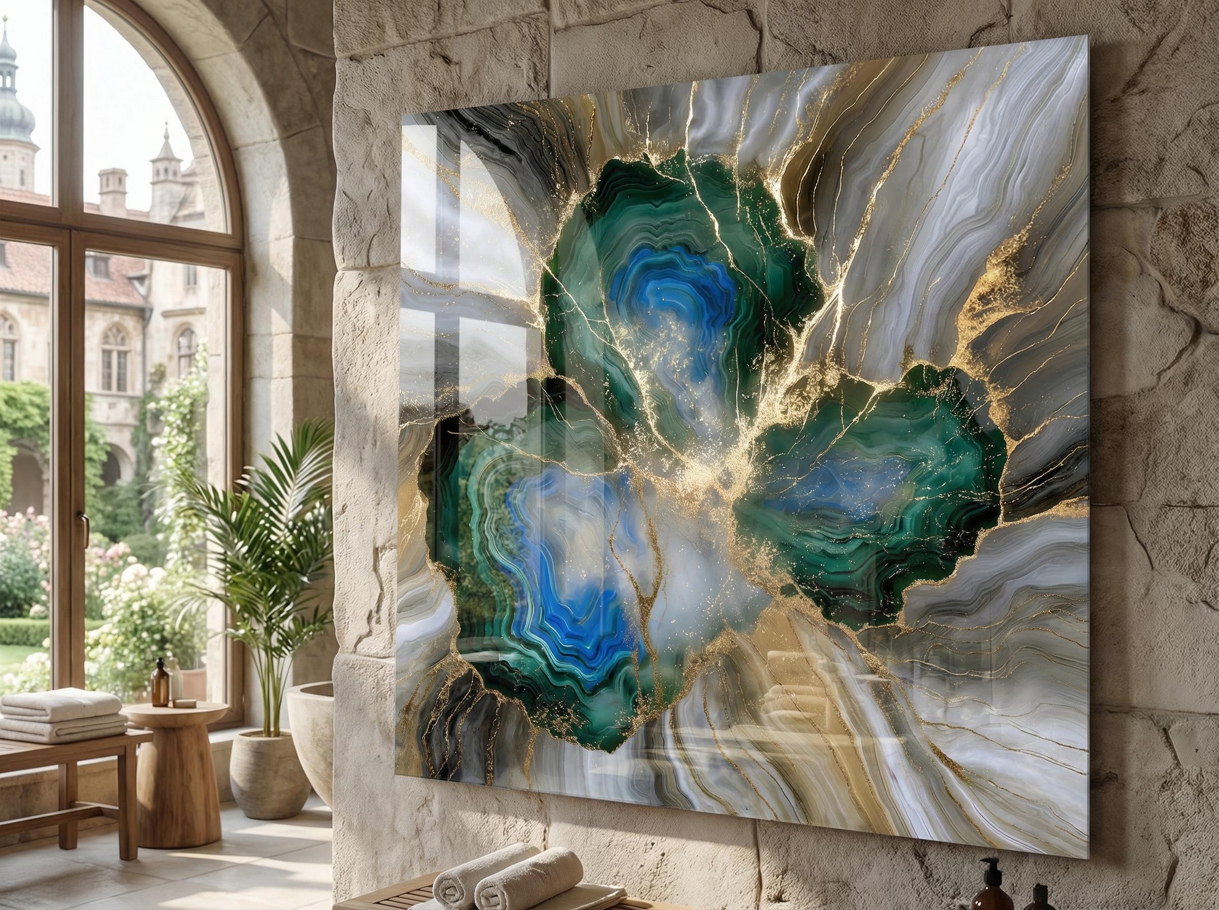 Gilded Azure Vein Crystal AcrylGlass Wall Art: Blue Amber Agate Kintsugi Effect Decor