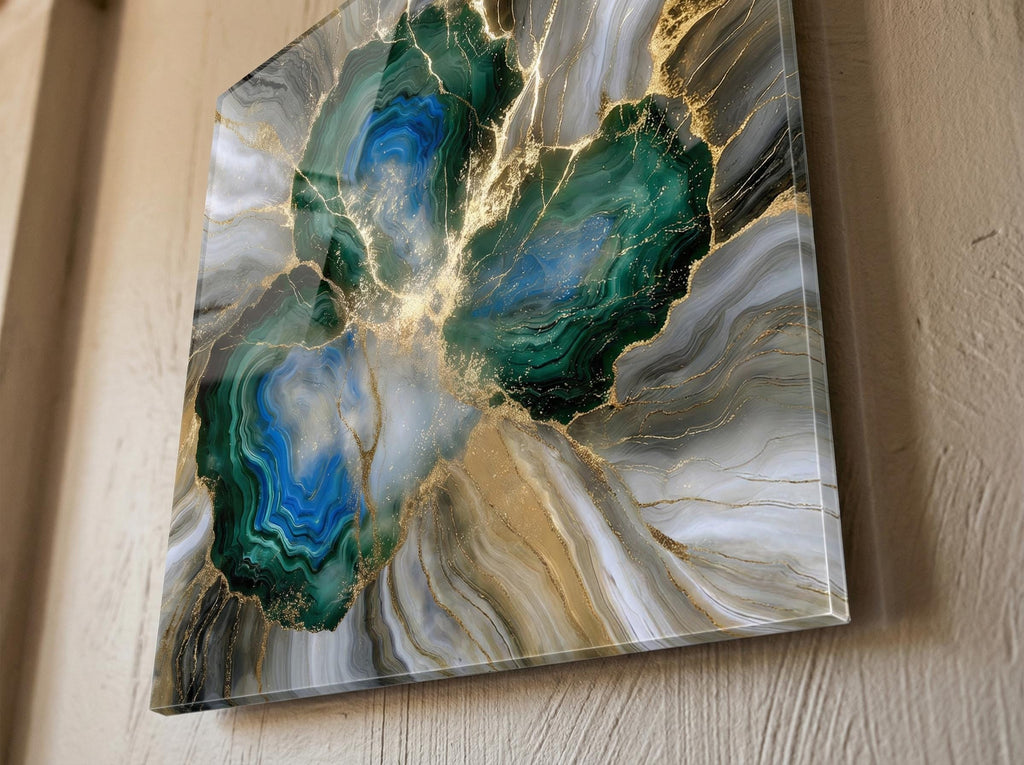 Gilded Azure Vein Crystal AcrylGlass Wall Art: Blue Amber Agate Kintsugi Effect Decor