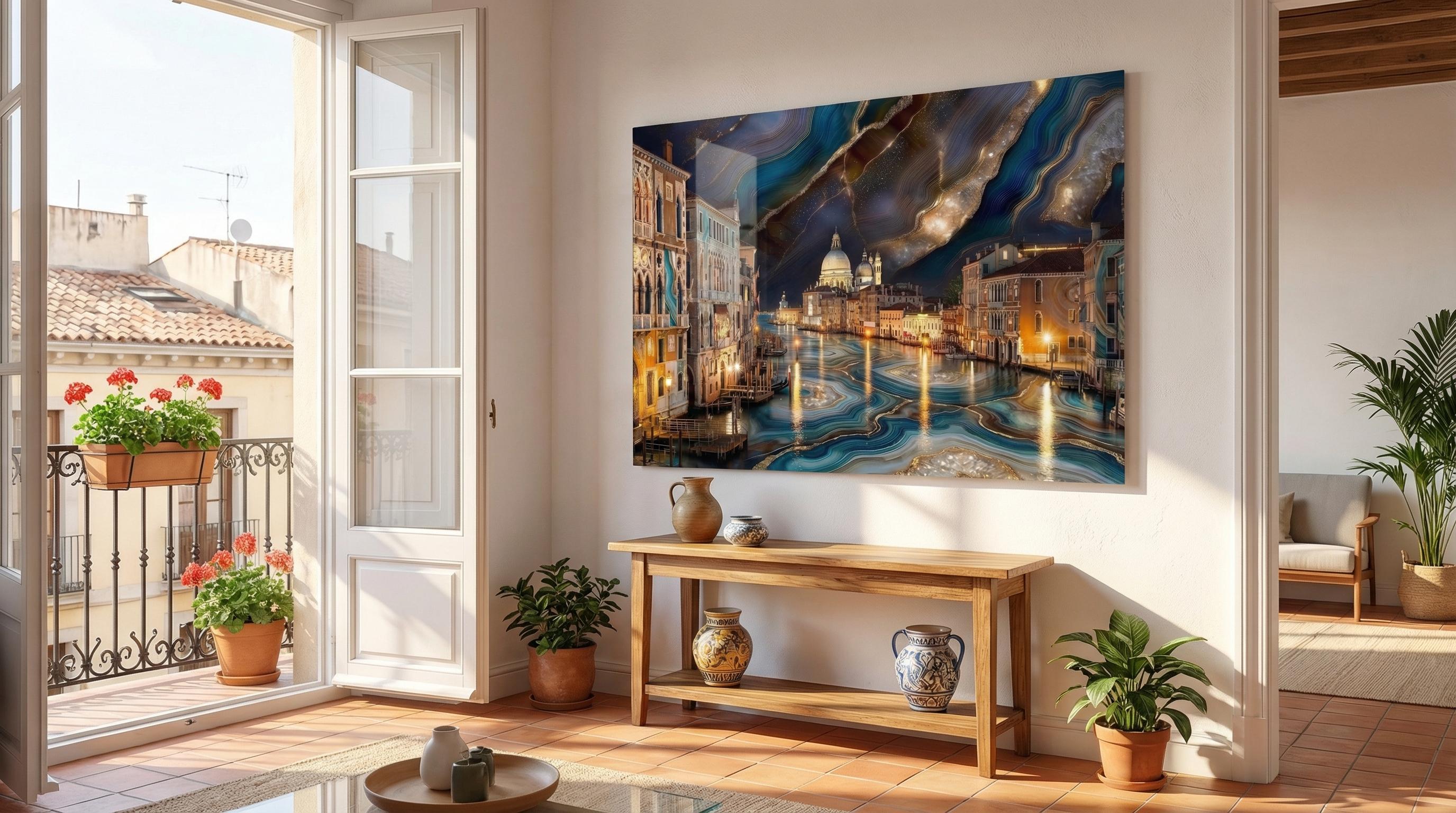 Venice Grand Canal Agate Wall Art, Crystal Glass Cityscape, Venetian Decor, Fluid Gold Piece