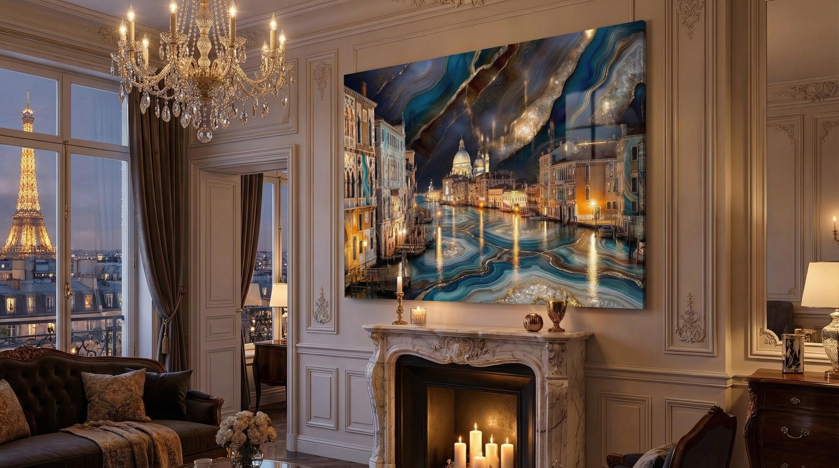 Venice Grand Canal Agate Wall Art, Crystal Glass Cityscape, Venetian Decor, Fluid Gold Piece