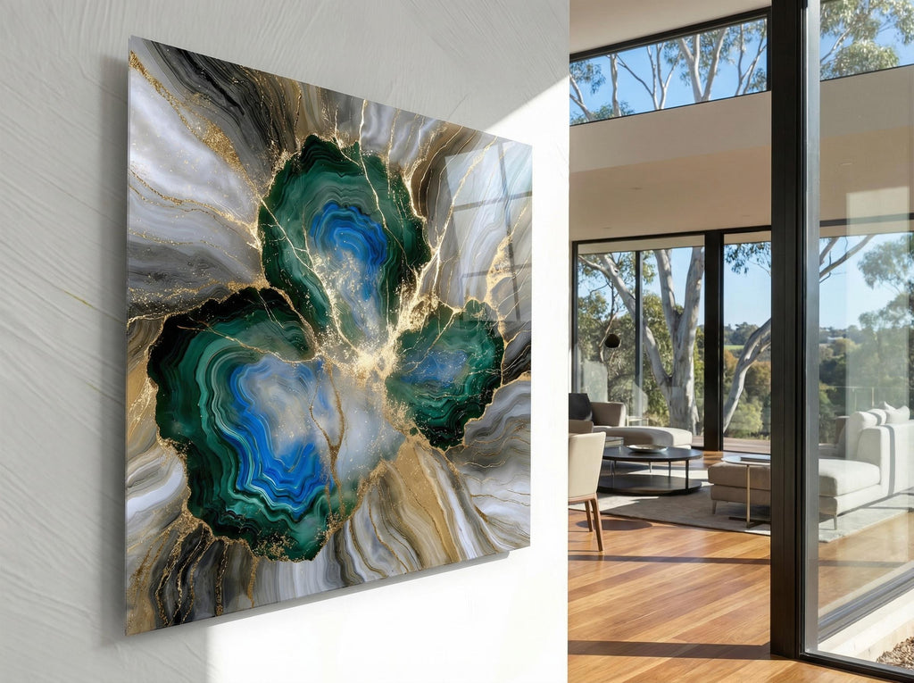 Gilded Azure Vein Crystal AcrylGlass Wall Art: Blue Amber Agate Kintsugi Effect Decor