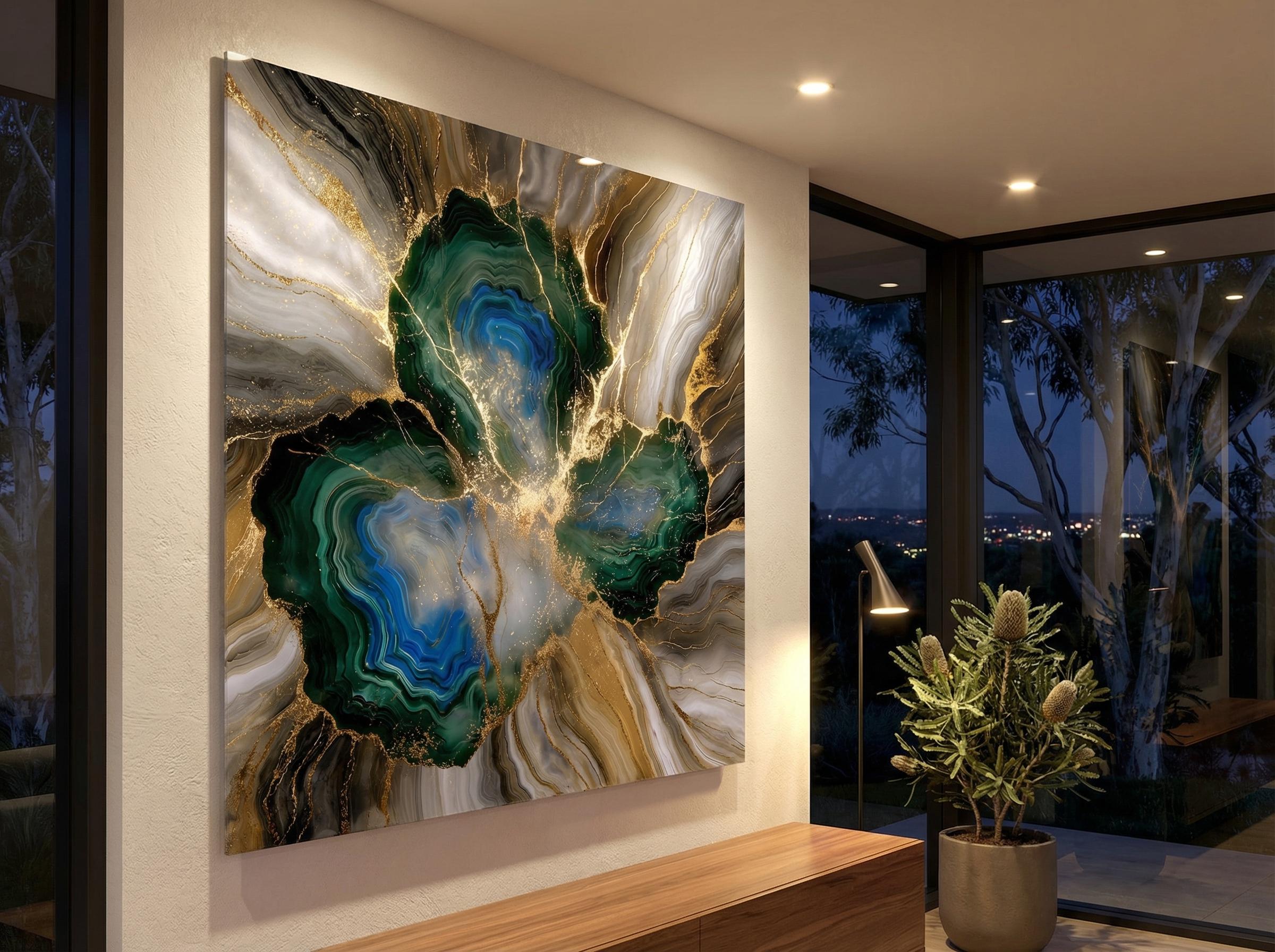 Gilded Azure Vein Crystal AcrylGlass Wall Art: Blue Amber Agate Kintsugi Effect Decor