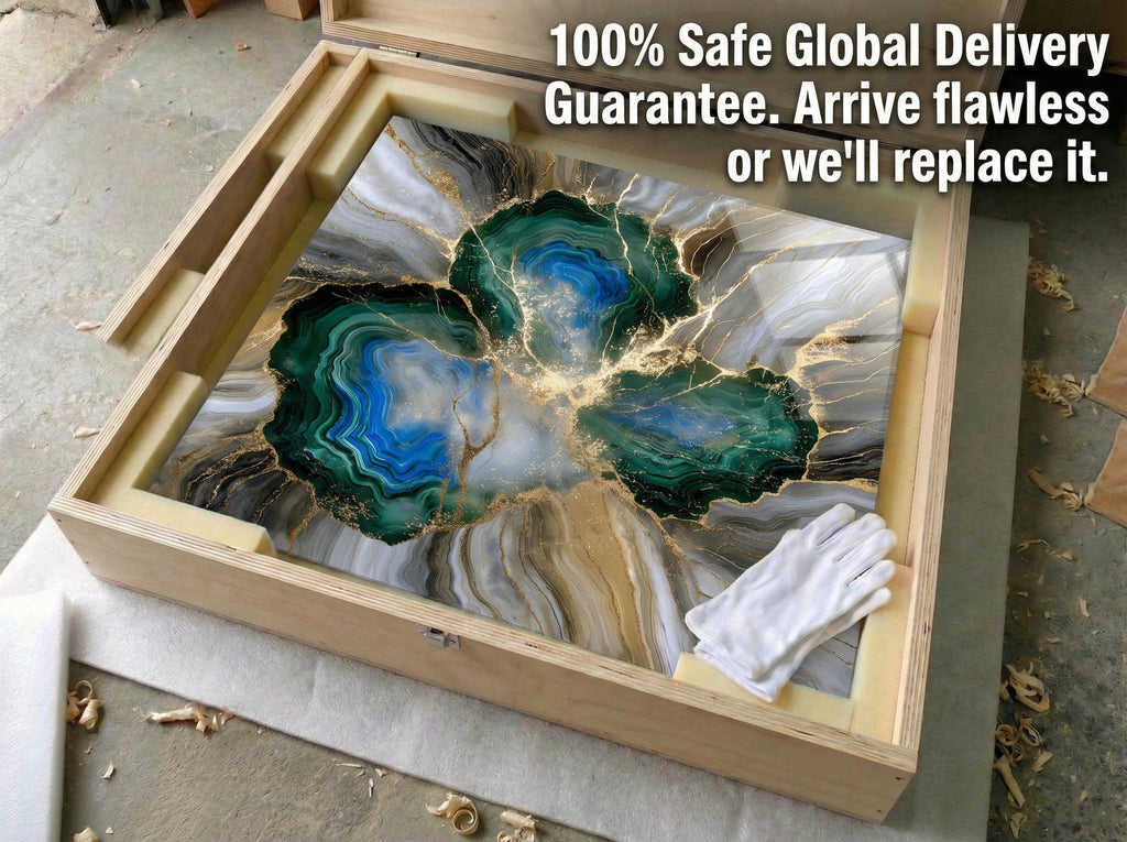 Gilded Azure Vein Crystal AcrylGlass Wall Art: Blue Amber Agate Kintsugi Effect Decor