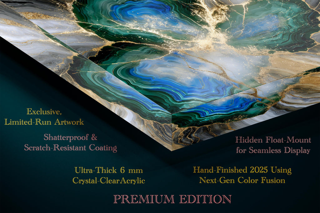Gilded Azure Vein Crystal AcrylGlass Wall Art: Blue Amber Agate Kintsugi Effect Decor