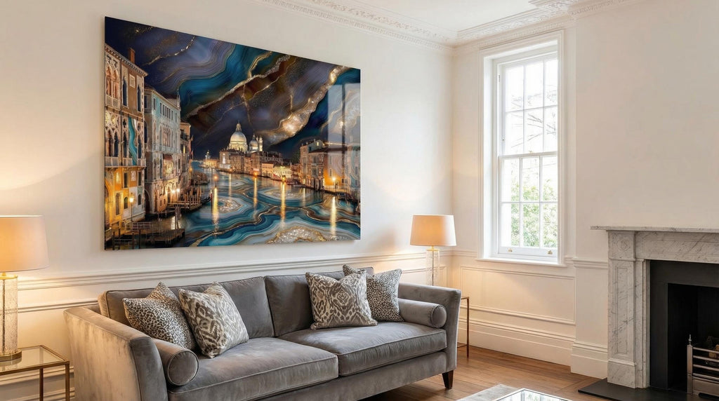 Venice Grand Canal Agate Wall Art, Crystal Glass Cityscape, Venetian Decor, Fluid Gold Piece