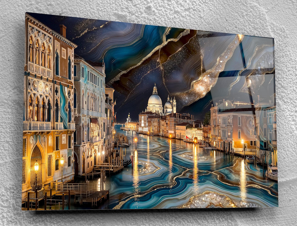 Venice Grand Canal Agate Wall Art, Crystal Glass Cityscape, Venetian Decor, Fluid Gold Piece