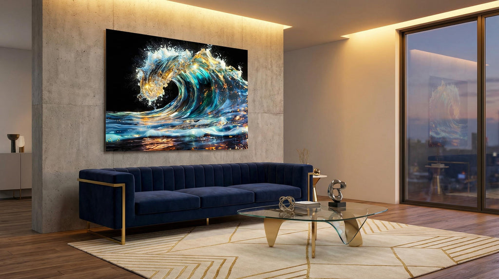 Auralith Wave Crystal AcrylGlass Wall Art, Luxury Ocean Wall Decor, Blue Gold Coastal Artwork