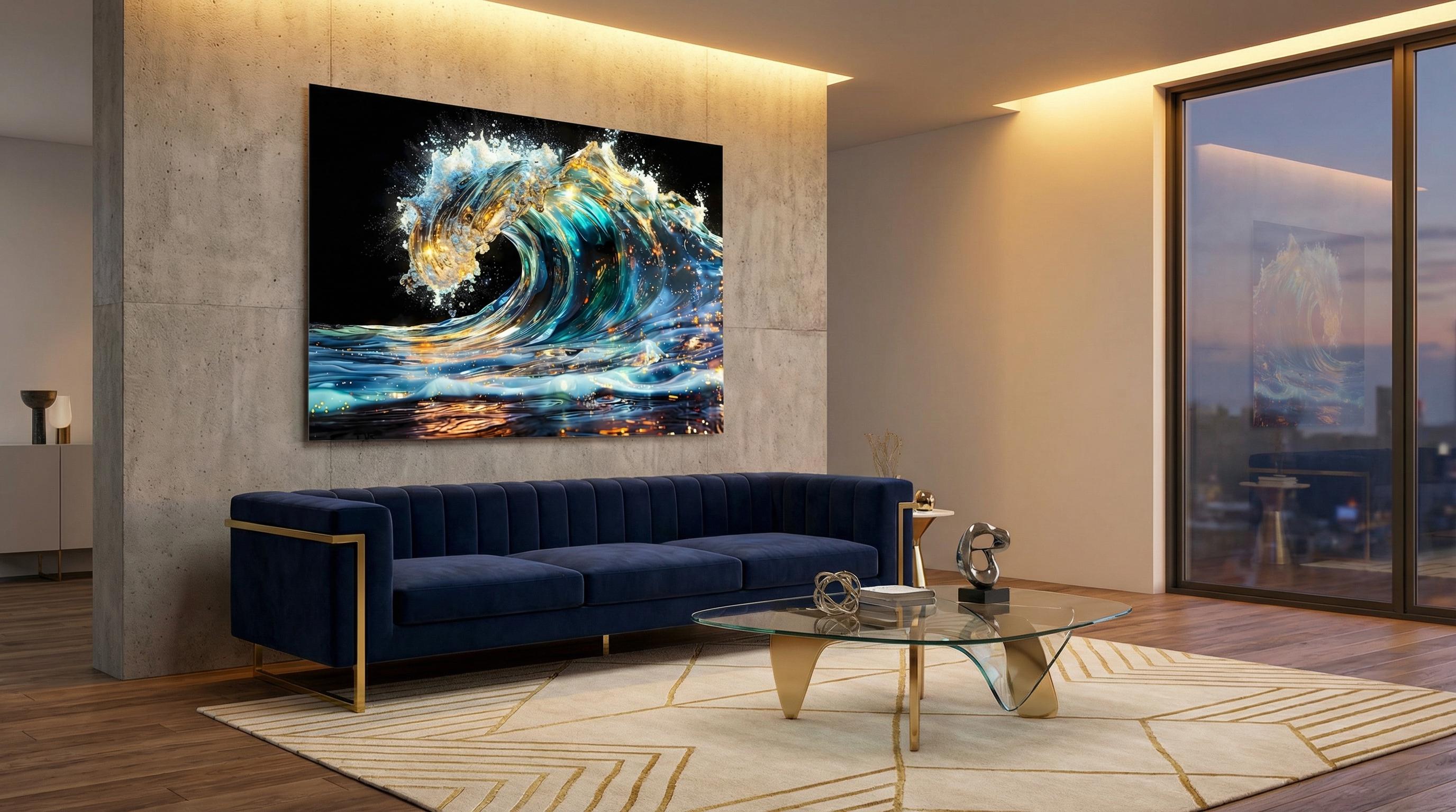 Auralith Wave Crystal AcrylGlass Wall Art, Luxury Ocean Wall Decor, Blue Gold Coastal Artwork