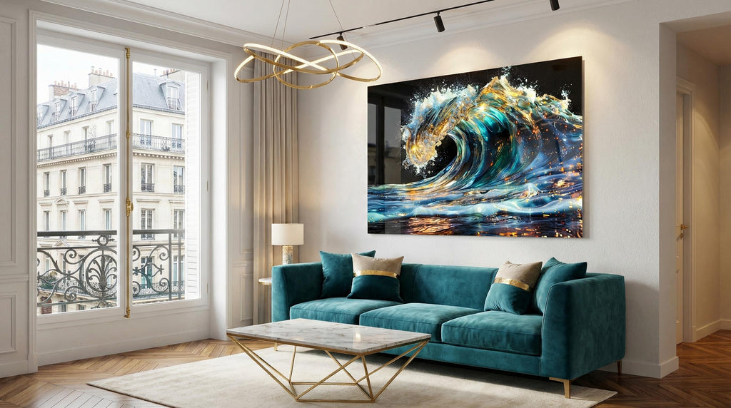Auralith Wave Crystal AcrylGlass Wall Art, Luxury Ocean Wall Decor, Blue Gold Coastal Artwork