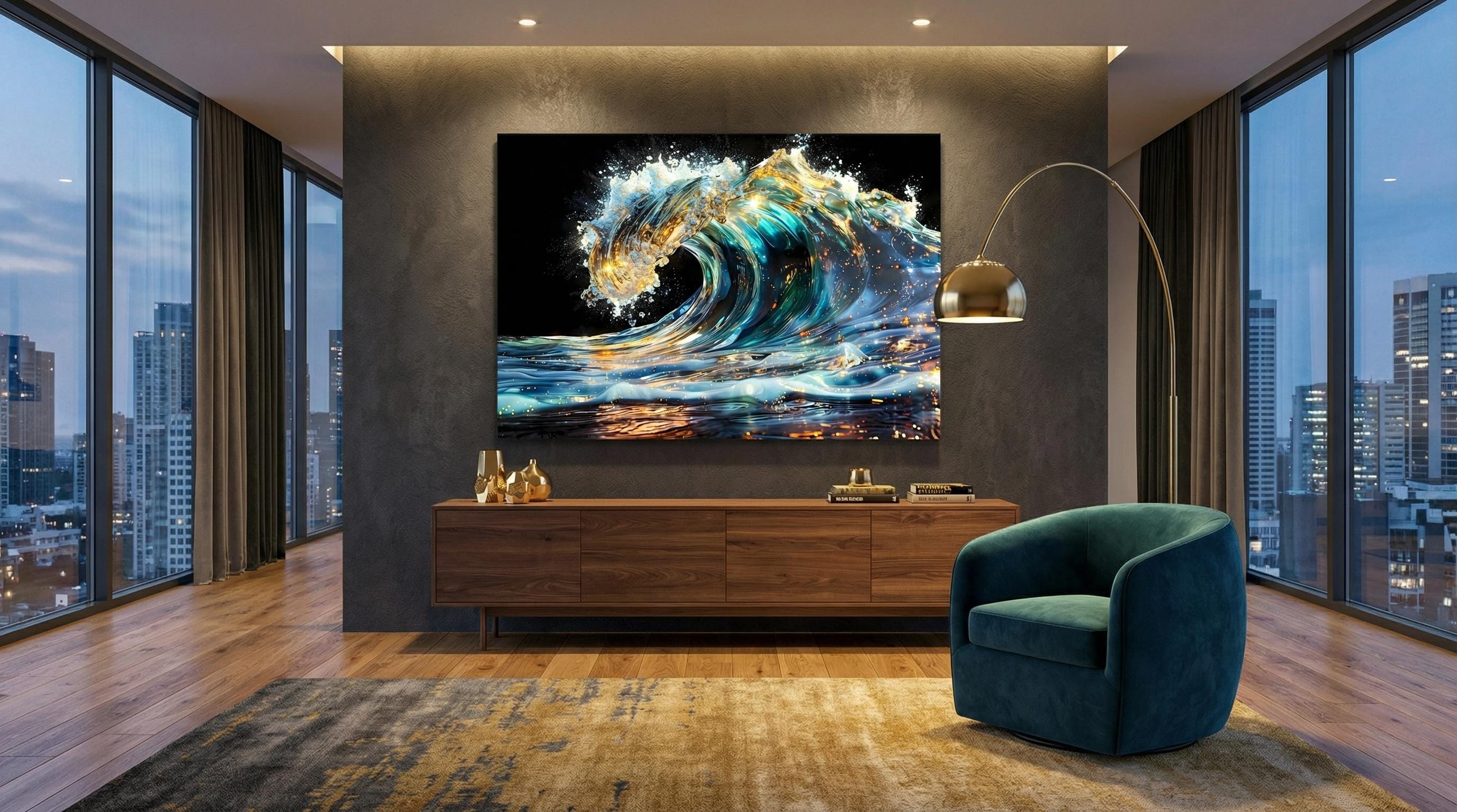 Auralith Wave Crystal AcrylGlass Wall Art, Luxury Ocean Wall Decor, Blue Gold Coastal Artwork