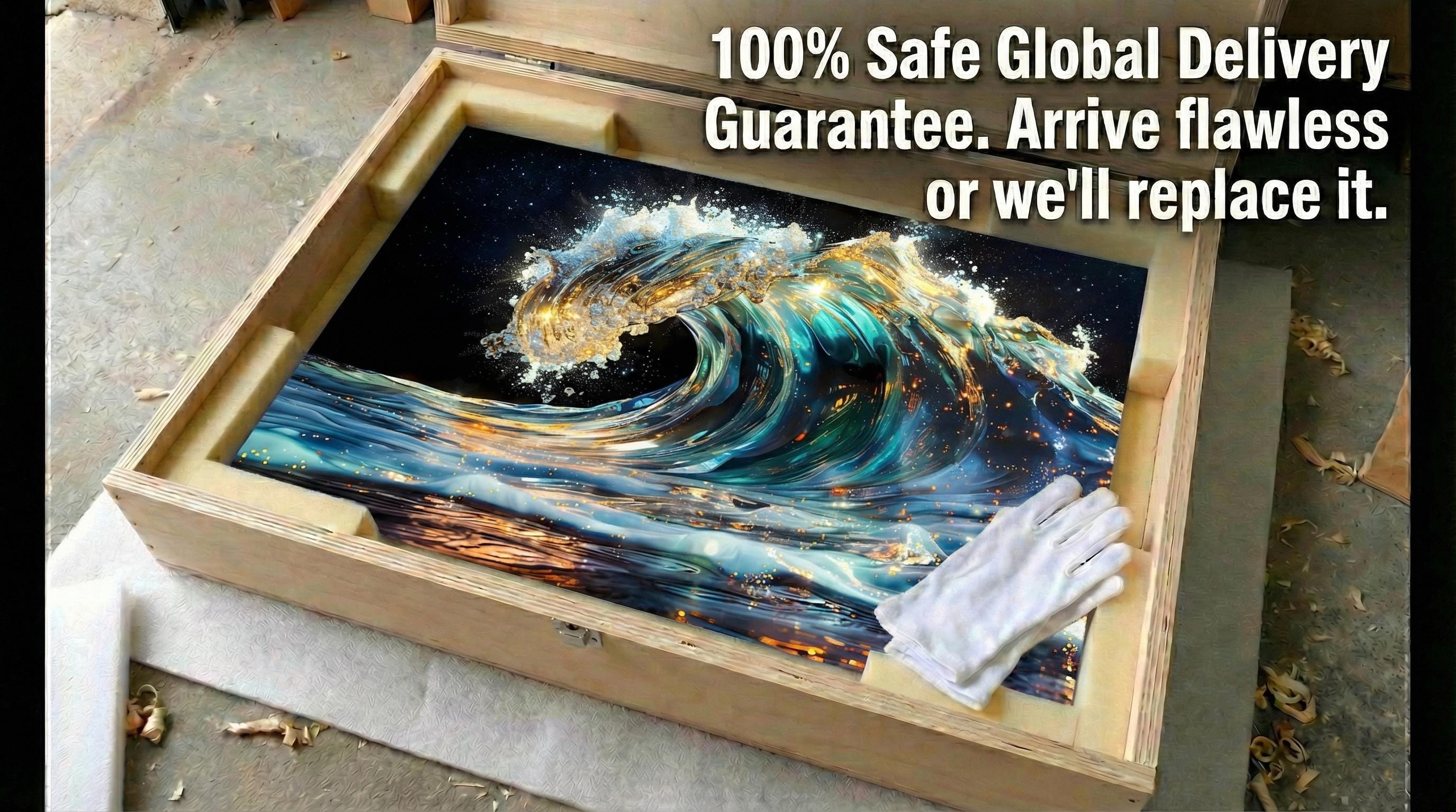 Auralith Wave Crystal AcrylGlass Wall Art, Luxury Ocean Wall Decor, Blue Gold Coastal Artwork
