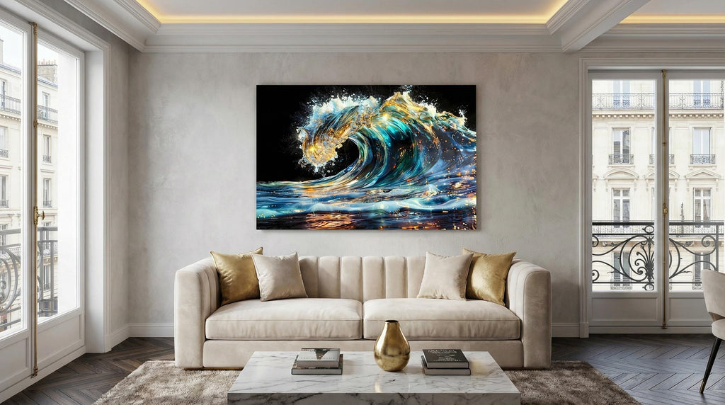 Auralith Wave Crystal AcrylGlass Wall Art, Luxury Ocean Wall Decor, Blue Gold Coastal Artwork