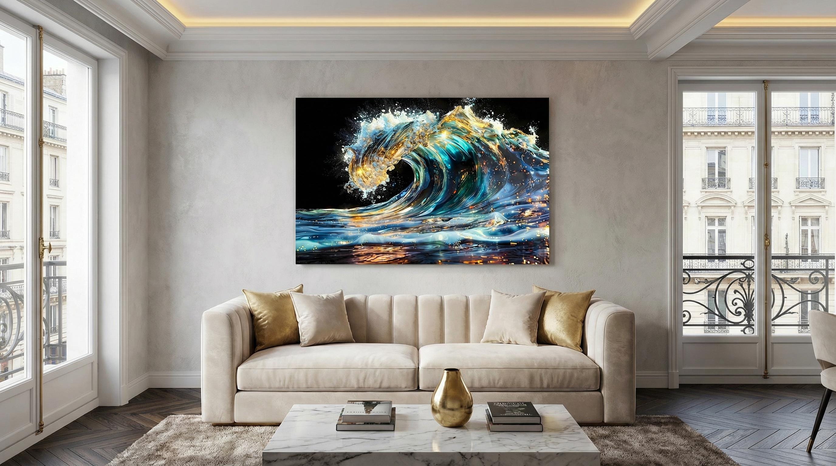 Auralith Wave Crystal AcrylGlass Wall Art, Luxury Ocean Wall Decor, Blue Gold Coastal Artwork