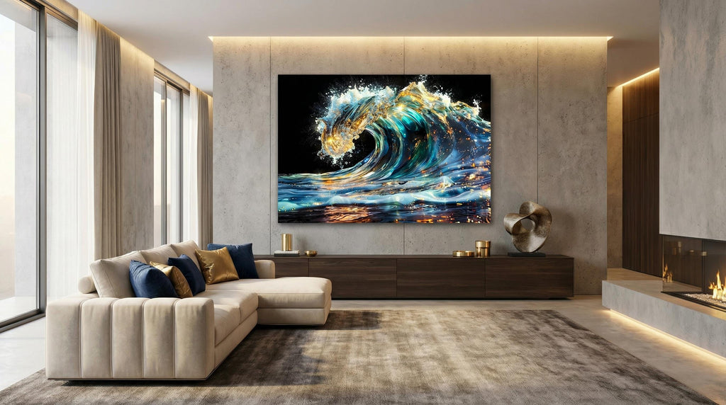 Auralith Wave Crystal AcrylGlass Wall Art, Luxury Ocean Wall Decor, Blue Gold Coastal Artwork
