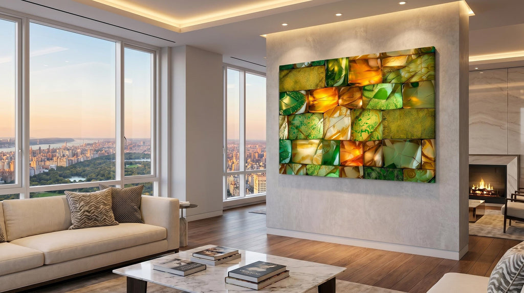 Verdant Ember Mosaic Crystal AcrylGlass Wall Art: Emerald Gold Luxe Panel Decor