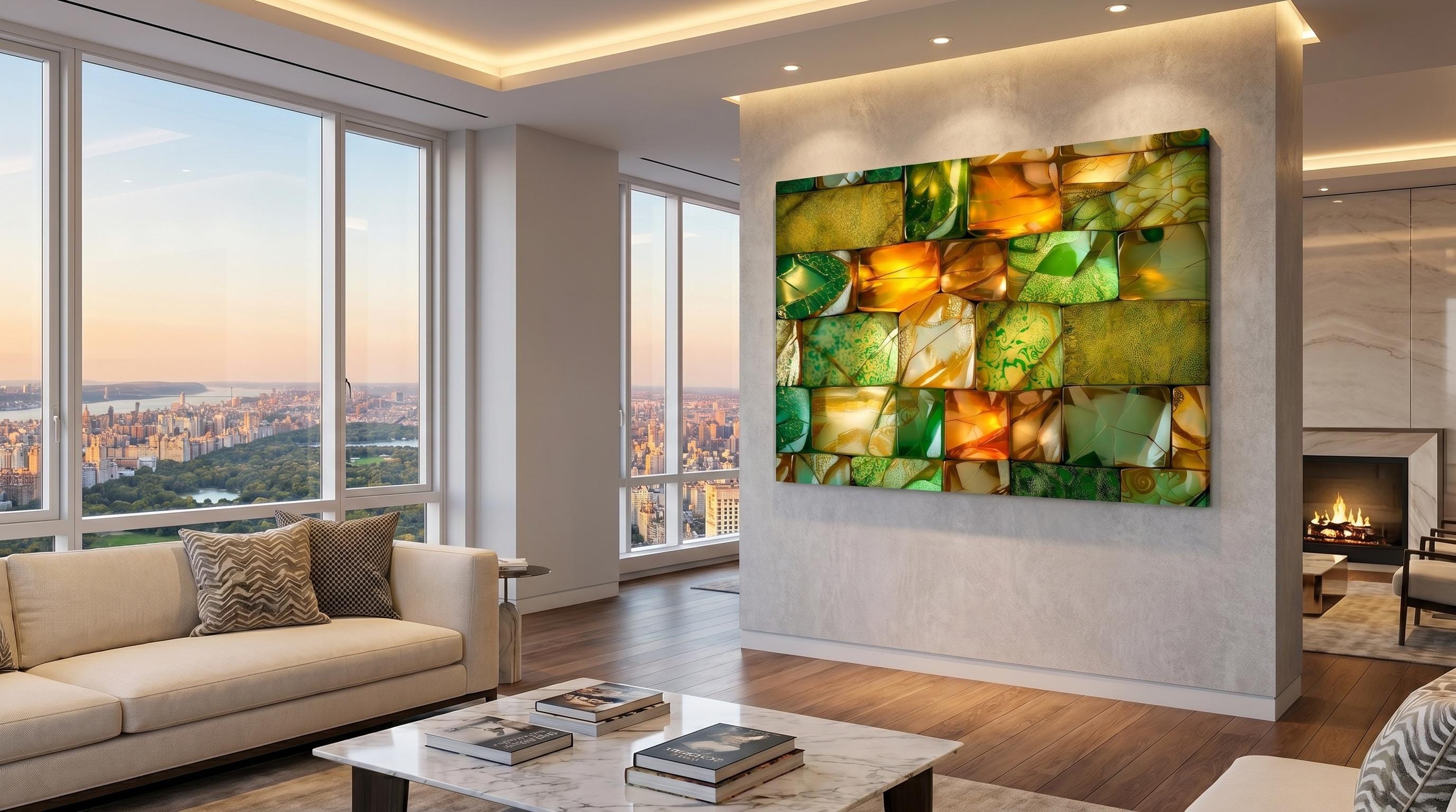 Verdant Ember Mosaic Crystal AcrylGlass Wall Art: Emerald Gold Luxe Panel Decor