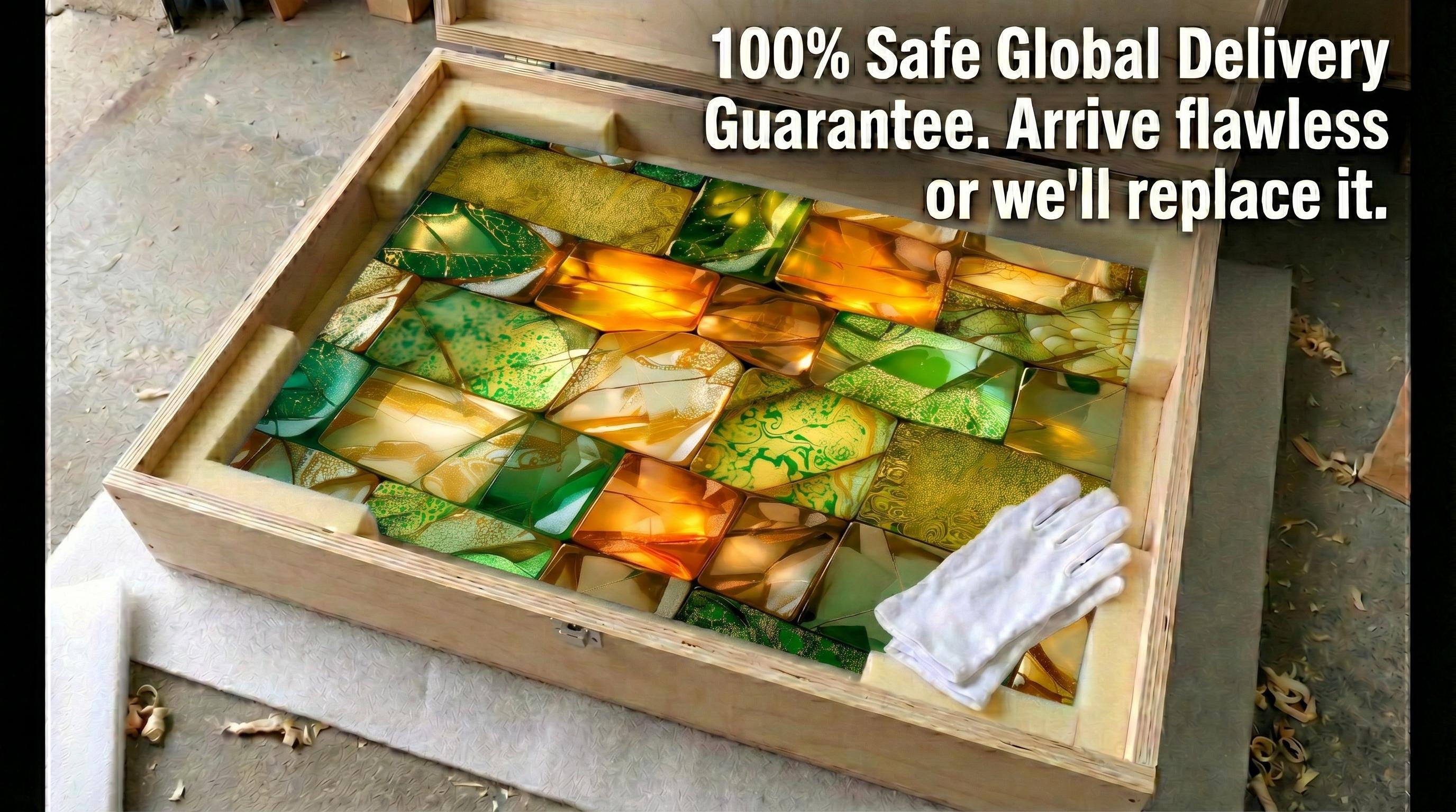 Verdant Ember Mosaic Crystal AcrylGlass Wall Art: Emerald Gold Luxe Panel Decor
