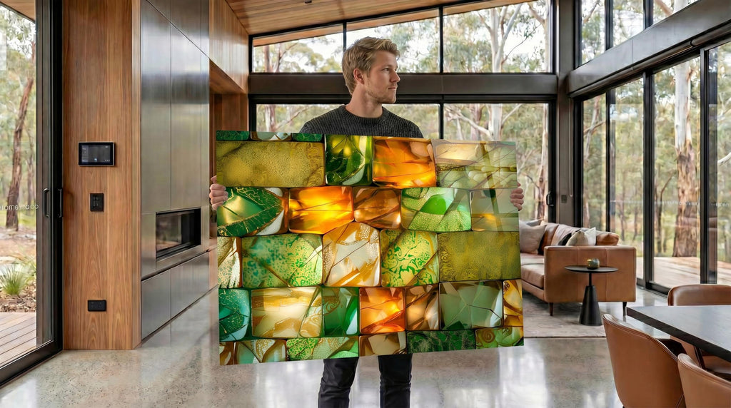 Verdant Ember Mosaic Crystal AcrylGlass Wall Art: Emerald Gold Luxe Panel Decor